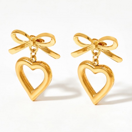 1 Paar Vakuumbeschichtung Einfach und lässig Stilvoll 14K Echtgold plattiert 304 Edelstahl Schleife Herz Ohrring Für Frauen 2,6cm x 1,9cm