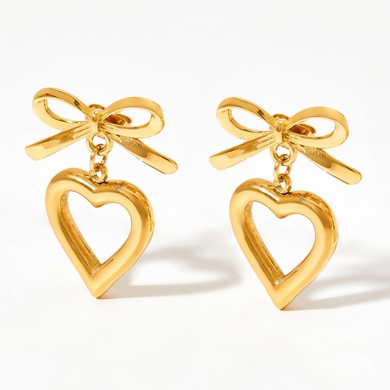 Picture of 1 Pair Vacuum Plating Simple & Casual Stylish 14K Real Gold Plated 304 Stainless Steel Bowknot Heart Earrings For Women 2.6cm x 1.9cm