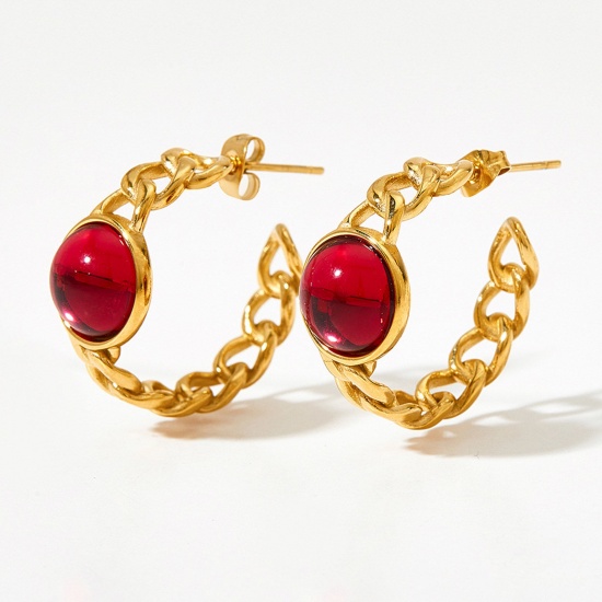 Picture of 1 Pair Vacuum Plating Exquisite Retro 14K Real Gold Plated Red 304 Stainless Steel & Glass Round Circle Ring Hoop Earrings For Women 2.3cm x 2.3cm