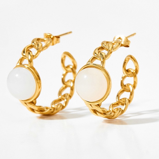 Picture of 1 Pair Vacuum Plating Exquisite Retro 14K Real Gold Plated White 304 Stainless Steel & Glass Round Circle Ring Hoop Earrings For Women 2.3cm x 2.3cm