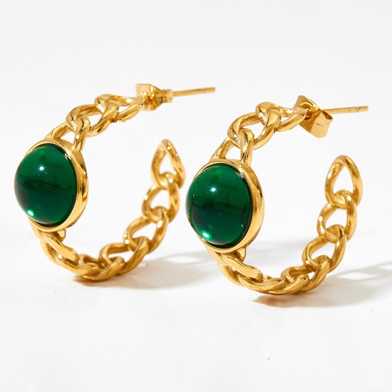 Picture of 1 Pair Vacuum Plating Exquisite Retro 14K Real Gold Plated Green 304 Stainless Steel & Glass Round Circle Ring Hoop Earrings For Women 2.3cm x 2.3cm