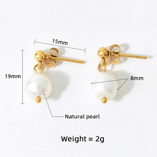 Picture of 1 Pair Vacuum Plating Dainty Baroque 14K Real Gold Plated 304 Stainless Steel & Natural Pearl Ear Post Stud Earrings For Women Anniversary 1.5cm x 1.5cm