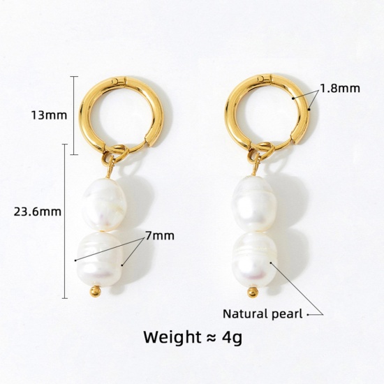 Picture of 1 Pair Vacuum Plating Dainty Baroque 14K Real Gold Plated 304 Stainless Steel & Natural Pearl Earrings For Women Anniversary 3.5cm x 1.3cm