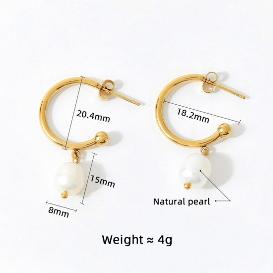 Picture of 1 Pair Vacuum Plating Dainty Baroque 14K Real Gold Plated 304 Stainless Steel & Natural Pearl Earrings For Women Anniversary 3.5cm x 1.8cm