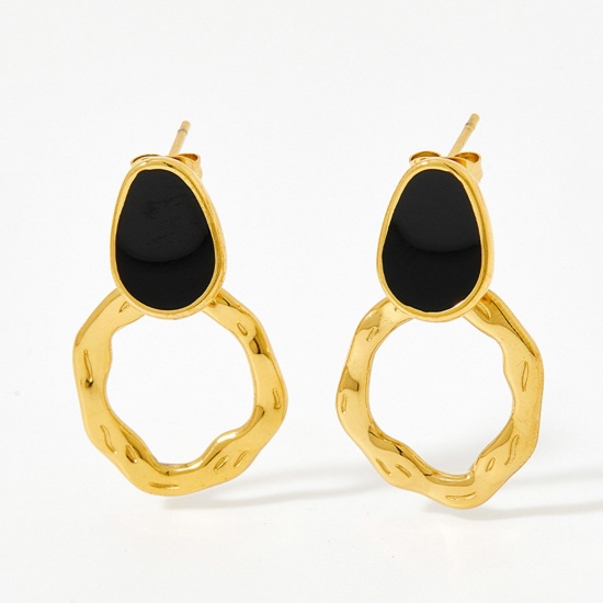 Image de 1 Paire Placage sous Vide À la Mode Boucles d'Oreilles Rétro en 304 Acier Inoxydable Irrégulier Anneau Plaqué Or Véritable 14K Noir Émail Pour Femmes 3cm x 1.8cm