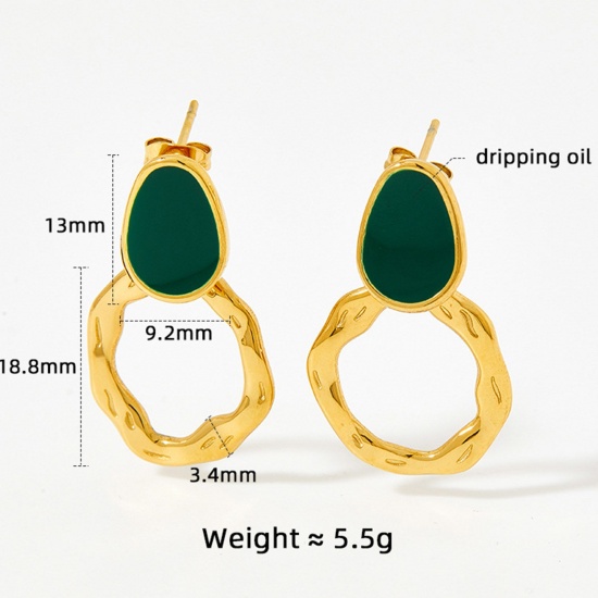 Image de 1 Paire Placage sous Vide À la Mode Boucles d'Oreilles Rétro en 304 Acier Inoxydable Irrégulier Anneau Plaqué Or Véritable 14K Noir Émail Pour Femmes 3cm x 1.8cm