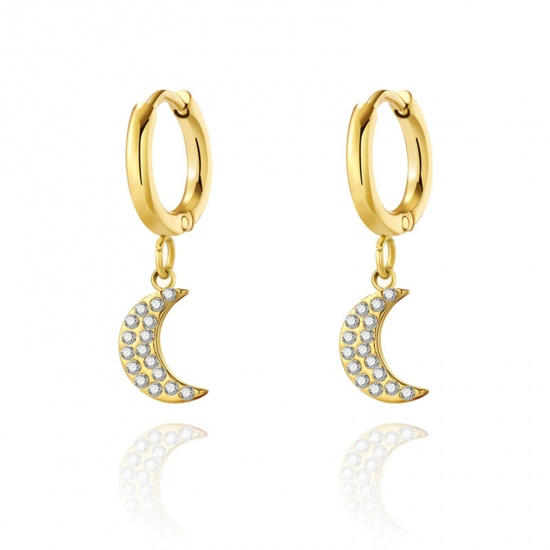 Bild von 1 Paar Vakuumbeschichtung Exquisit Stilvoll 14K Echtgold plattiert 304 Edelstahl & Zirkon Halbmond Micro Pave Ohrring Für Frauen 24mm x 10mm