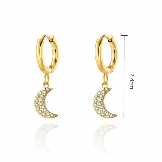 Bild von 1 Paar Vakuumbeschichtung Exquisit Stilvoll 14K Echtgold plattiert 304 Edelstahl & Zirkon Halbmond Micro Pave Ohrring Für Frauen 24mm x 10mm