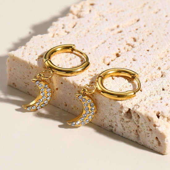 Bild von 1 Paar Vakuumbeschichtung Exquisit Stilvoll 14K Echtgold plattiert 304 Edelstahl & Zirkon Halbmond Micro Pave Ohrring Für Frauen 24mm x 10mm