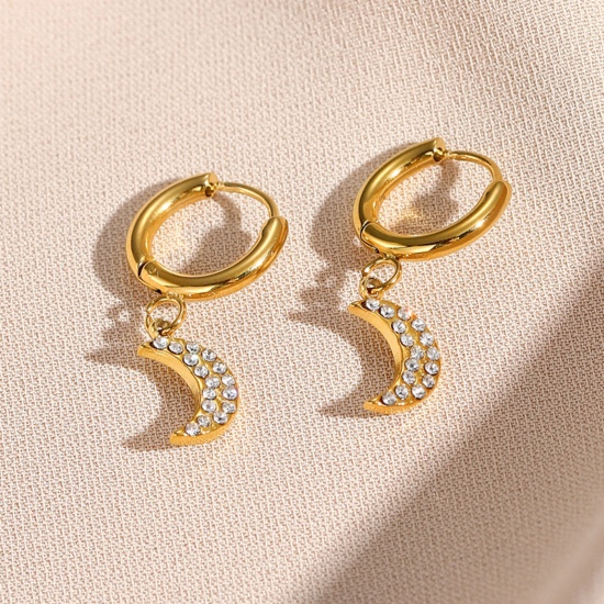 Bild von 1 Paar Vakuumbeschichtung Exquisit Stilvoll 14K Echtgold plattiert 304 Edelstahl & Zirkon Halbmond Micro Pave Ohrring Für Frauen 24mm x 10mm