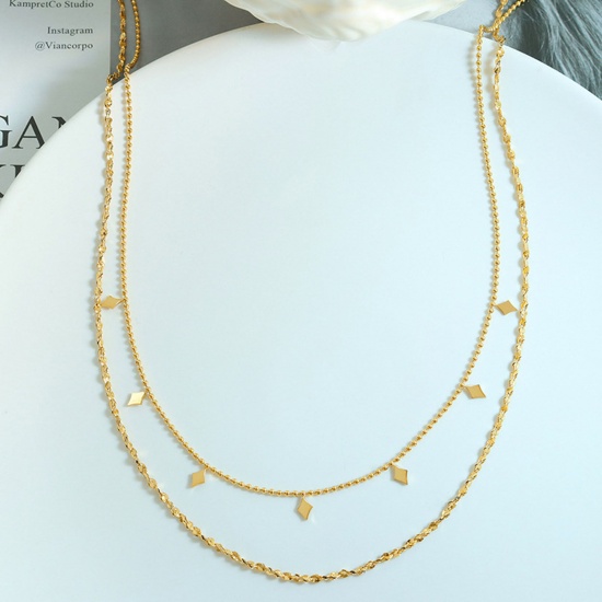 Immagine di 1 Pz Placcatura Sottovuoto Semplice & Casual Elegante 18K Vero Oro Placcato 304 Acciaio Inossidabile Collana della Catena del Fiore Rombo Multistrato Collana Per Donne 40cm Lunghezza