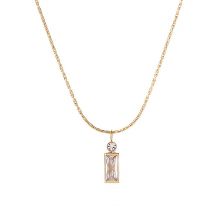 Picture of Eco-friendly Simple & Casual Stylish 14K Real Gold Plated 304 Stainless Steel & Cubic Zirconia Curb Link Chain Rectangle Pendant Necklace For Women