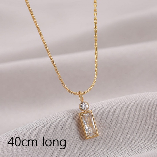 Picture of 1 Piece Vacuum Plating Simple & Casual Stylish 14K Real Gold Plated Transparent Clear 304 Stainless Steel & Cubic Zirconia Curb Link Chain Rectangle Pendant Necklace For Women 40cm(15 6/8") long