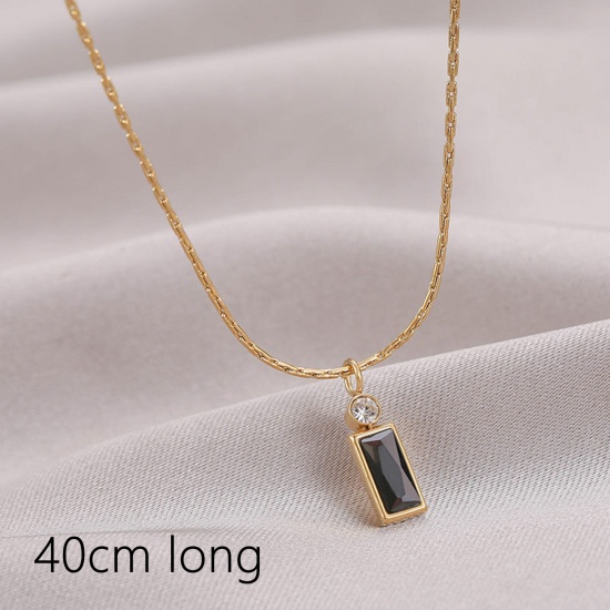 Picture of 1 Piece Vacuum Plating Simple & Casual Stylish 14K Real Gold Plated Black 304 Stainless Steel & Cubic Zirconia Curb Link Chain Rectangle Pendant Necklace For Women 40cm(15 6/8") long