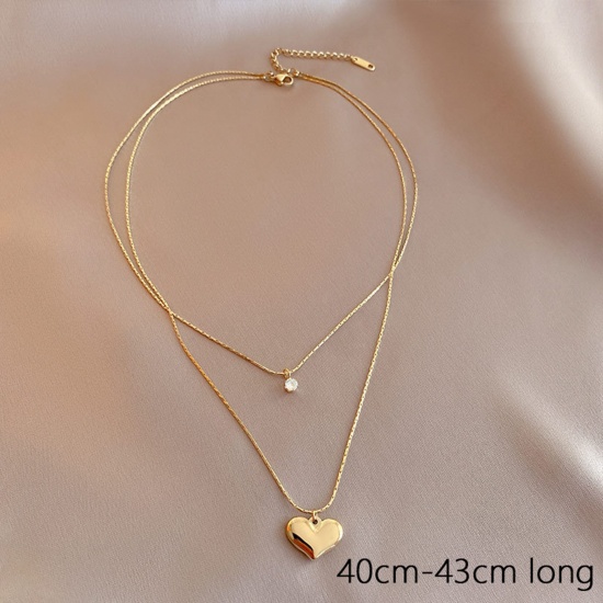 Picture of 1 Piece Vacuum Plating Simple & Casual Stylish 14K Real Gold Plated 304 Stainless Steel & Cubic Zirconia Curb Chain Heart Multilayer Layered Necklace For Women 40cm - 43cm long