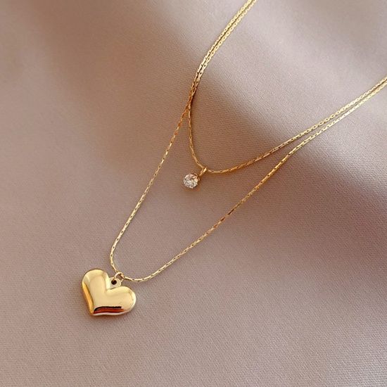 Picture of 1 Piece Vacuum Plating Simple & Casual Stylish 14K Real Gold Plated 304 Stainless Steel & Cubic Zirconia Curb Chain Heart Multilayer Layered Necklace For Women 40cm - 43cm long