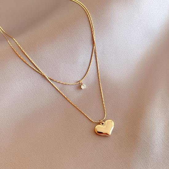 Picture of 1 Piece Vacuum Plating Simple & Casual Stylish 14K Real Gold Plated 304 Stainless Steel & Cubic Zirconia Curb Chain Heart Multilayer Layered Necklace For Women 40cm - 43cm long