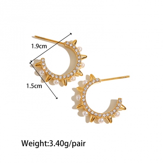 Picture of 1 Pair Vacuum Plating Exquisite Stylish 18K Real Gold Plated 304 Stainless Steel & Cubic Zirconia Rivet Hoop Earrings For Women