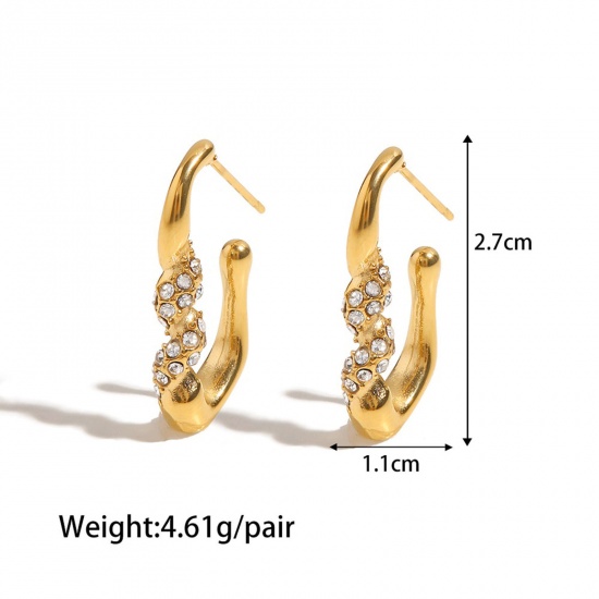 Picture of 1 Pair Vacuum Plating Exquisite Stylish 18K Real Gold Plated 304 Stainless Steel & Cubic Zirconia Irregular Hoop Earrings For Women 2.7cm x 1.1cm