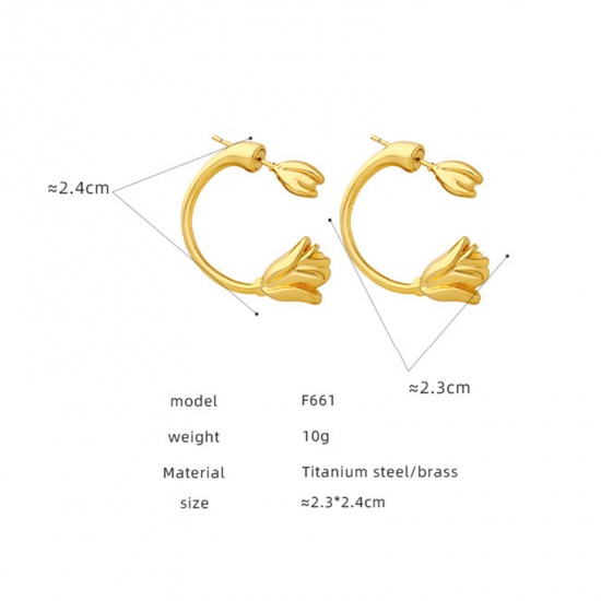 Picture of Eco-friendly Retro Stylish 18K Real Gold Plated Brass Tulip Flower Ear Jacket Stud Earrings For Children 24mm x 23mm, 1 Pair