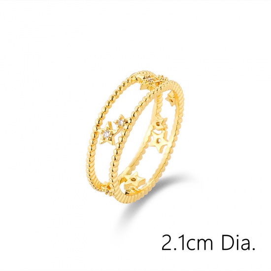 Picture of Eco-friendly Retro Stylish 18K Real Gold Plated Copper & Cubic Zirconia Unadjustable Pentagram Star Rings For Women 21mm(US Size 11.5), 1 Piece