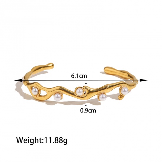 Picture of Eco-friendly Retro Stylish 18K Real Gold Plated 304 Stainless Steel & Acrylic Wave Open Cuff Bangles Bracelets For Women 6.1cm Dia., 1 Piece