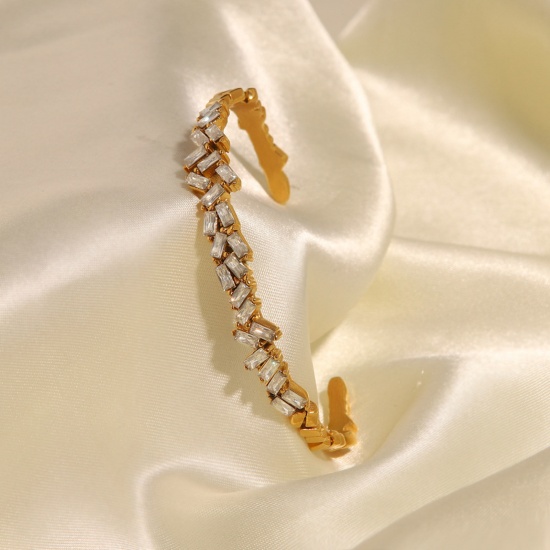 Immagine di 1 Pz Placcatura Sottovuoto Squisito Elegante 18K Oro riempito 304 Acciaio Inossidabile & Zircone Cubico Aprire Braccialetti Per Donne 6.3cm Dia.