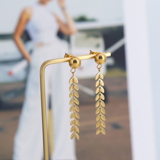 Picture of 1 Pair Vacuum Plating Natural Pastoral Stylish 18K Real Gold Plated 304 Stainless Steel Ear Of Wheat Tassel Earrings For Women 4.5cm x