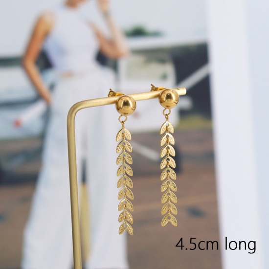 Picture of 1 Pair Vacuum Plating Natural Pastoral Stylish 18K Real Gold Plated 304 Stainless Steel Ear Of Wheat Tassel Earrings For Women 4.5cm x