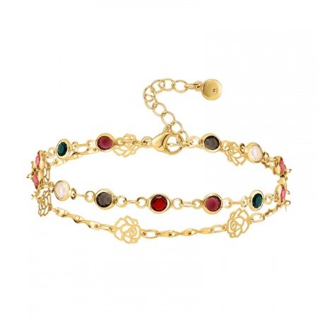 Respetuoso del Medio Ambiente Exquisito Elegante 18K Oro Real Chapado Latón+ Circón Artificial Flor Ronda Hueco Pulsera de Capas Multicapa Para Mujeres 17cm longitud, 1 Unidad