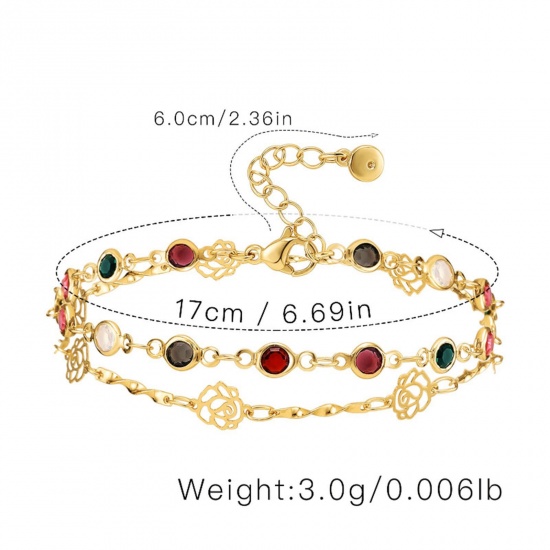 Image de Respectueux de la Nature Exquis Bracelet Multicouche Élégant en Laiton & Zirconia Cubique Plaqué Or Véritable 18K Fleur Rond Creux Pour Femmes 17cm long, 1 Pièce