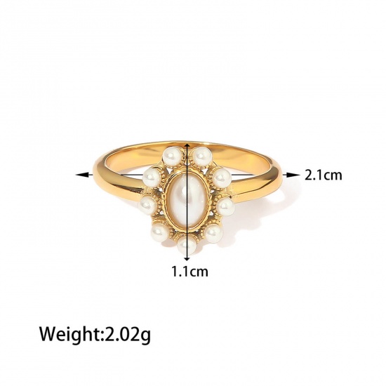 Picture of 1 Piece Vacuum Plating Dainty Stylish 18K Real Gold Plated 304 Stainless Steel & Natural Pearl Unadjustable Oval Rings For Women 16.5mm(US Size 6)