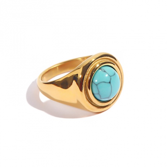 Picture of 1 Piece Vacuum Plating Bohemia Boho Stylish 18K Real Gold Plated 304 Stainless Steel Unadjustable Round Imitation Turquoise Rings For Women 16.5mm(US Size 6)