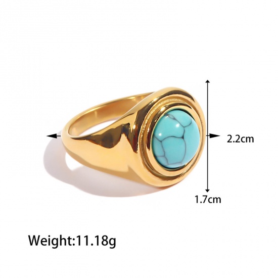 Picture of 1 Piece Vacuum Plating Bohemia Boho Stylish 18K Real Gold Plated 304 Stainless Steel Unadjustable Round Imitation Turquoise Rings For Women 16.5mm(US Size 6)