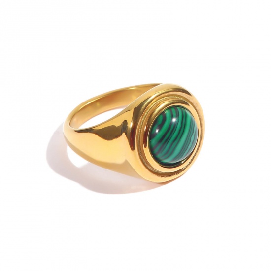 Picture of 1 Piece Vacuum Plating Bohemia Boho Stylish 18K Real Gold Plated 304 Stainless Steel Unadjustable Round Imitation Malachite Rings For Women 16.5mm(US Size 6)