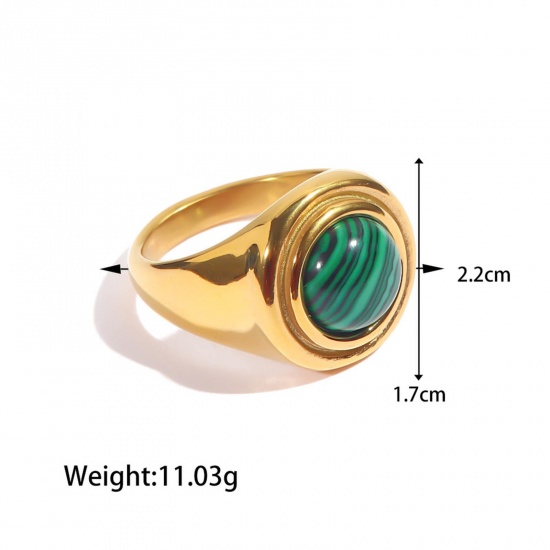 Picture of 1 Piece Vacuum Plating Bohemia Boho Stylish 18K Real Gold Plated 304 Stainless Steel Unadjustable Round Imitation Malachite Rings For Women 18.1mm(US Size 8)