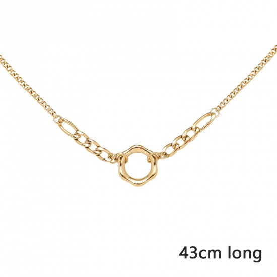 Picture of 1 Piece Vacuum Plating Stylish 18K Real Gold Plated 304 Stainless Steel Link Cable Chain Circle Ring Pendant Necklace 43cm(16 7/8") long