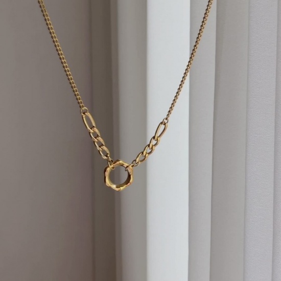 Picture of 1 Piece Vacuum Plating Stylish 18K Real Gold Plated 304 Stainless Steel Link Cable Chain Circle Ring Pendant Necklace 43cm(16 7/8") long