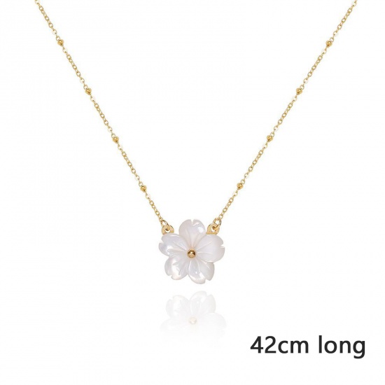 Picture of Eco-friendly Stylish 18K Real Gold Plated 304 Stainless Steel & Shell Link Cable Chain Flower Pendant Necklace 42cm(16 4/8") long, 1 Piece