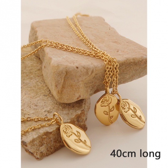 Picture of 1 Piece Vacuum Plating Stylish 18K Gold Plated 304 Stainless Steel Link Cable Chain Oval Rose Flower Pendant Necklace 40cm(15 6/8") long