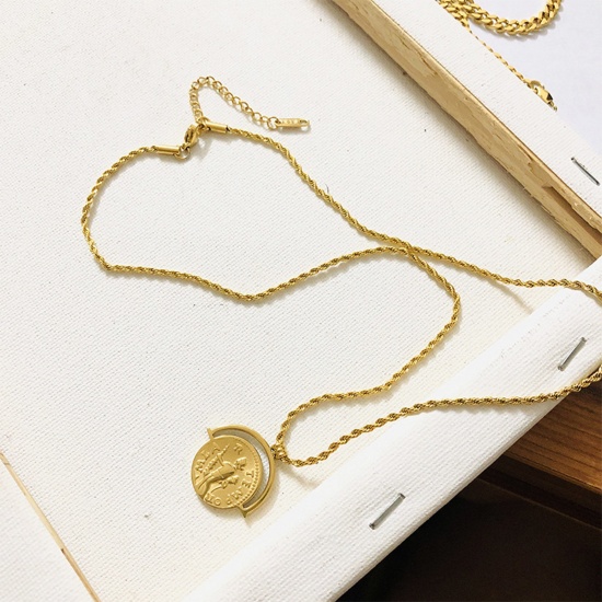 Picture of Eco-friendly Simple & Casual Stylish 18K Gold Color 316 Stainless Steel Braided Rope Chain Coin Head Portrait Pendant Necklace Unisex 50cm(19 5/8") long, 1 Piece