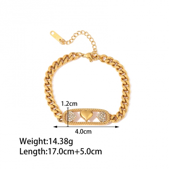 Picture of 1 Piece Vacuum Plating Simple & Casual Stylish 18K Real Gold Plated 304 Stainless Steel & Cubic Zirconia Cuban Link Chain Heart Hollow Charm Bracelets For Women 17cm(6 6/8") long