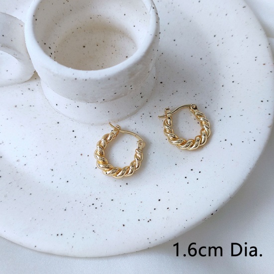 Immagine di Ecologico Semplice & Casual Elegante 14k Vero Oro Placcato Ottone Intrecciato orecchino cerchio Per Donne 16mm Dia., 1 Paio