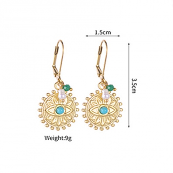 Picture of 1 Pair Vacuum Plating Retro Stylish 14K Gold Plated 304 Stainless Steel Round Evil Eye Earrings For Women 3.5cm x 1.5cm
