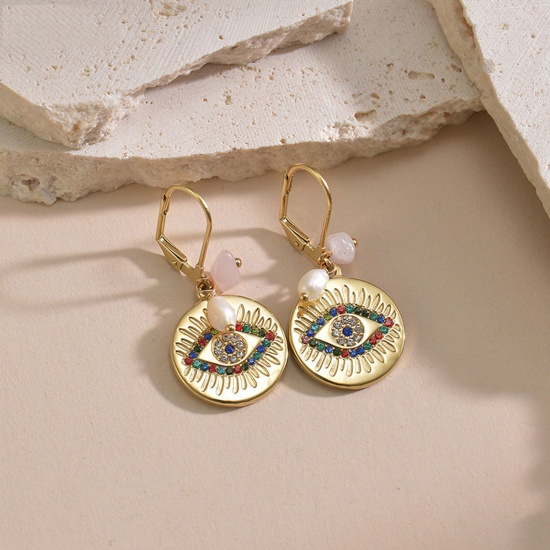 Picture of 1 Pair Vacuum Plating Retro Stylish 14K Gold Plated 304 Stainless Steel Round Evil Eye Earrings For Women 3.5cm x 1.5cm