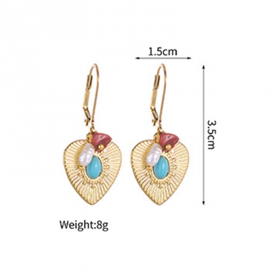 Picture of 1 Pair Vacuum Plating Retro Stylish 14K Gold Plated 304 Stainless Steel Heart Oval Earrings For Women 3.5cm x 1.5cm