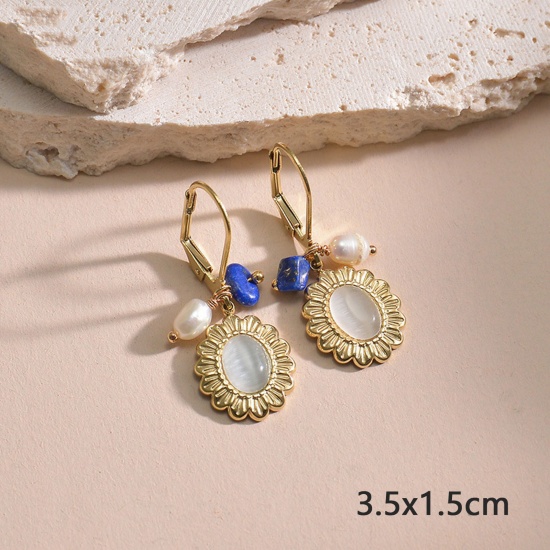 Picture of 1 Pair Vacuum Plating Retro Stylish 14K Gold Plated 304 Stainless Steel Oval Earrings For Women 3.5cm x 1.5cm