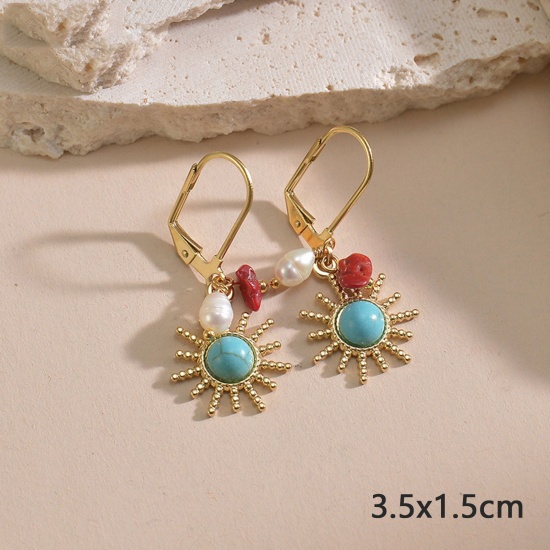 Picture of 1 Pair Vacuum Plating Retro Stylish 14K Gold Plated 304 Stainless Steel Sun Earrings For Women 3.5cm x 1.5cm