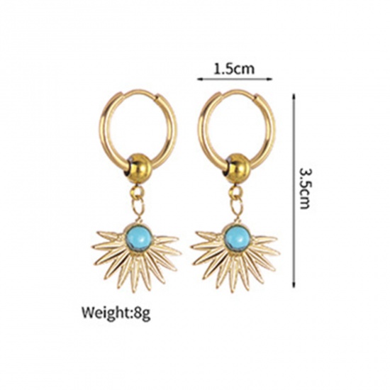 Picture of 1 Pair Vacuum Plating Retro Stylish 14K Gold Plated 304 Stainless Steel Sunshine Earrings For Women 3.5cm x 1.5cm
