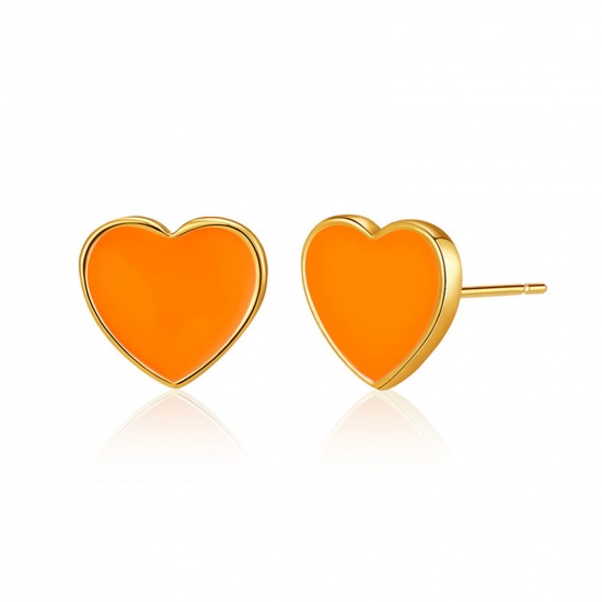 Picture of 1 Pair Eco-friendly Simple & Casual Stylish 18K Real Gold Plated Orange Brass Heart Enamel Ear Post Stud Earrings For Women Valentine's Day 8mm x 7mm